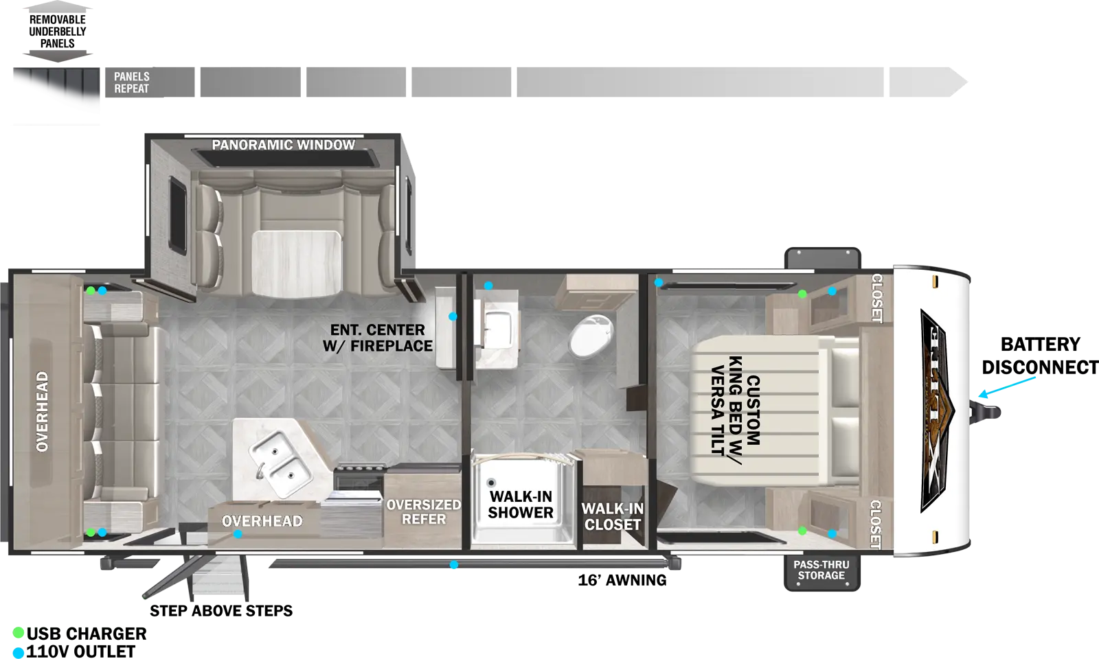 The 24RLXL has one slideout and one entry. Exterior features include step above entry steps, 16 foot awning, front pass-thru storage, battery disconnect, and removable underbelly panels. Interior layout front to back: front bedroom with versa-tilt custom king bed with closets on each side, and a walk-in closet; split full bathroom with sink and toilet on off-door side and walk-in shower on door side; entertainment center with fireplace along inner wall; off-door side slideout with u-dinette and panoramic window; door side kitchen with oversized refrigerator and overhead cabinet; rear sofa with overhead cabinet next to entry door.